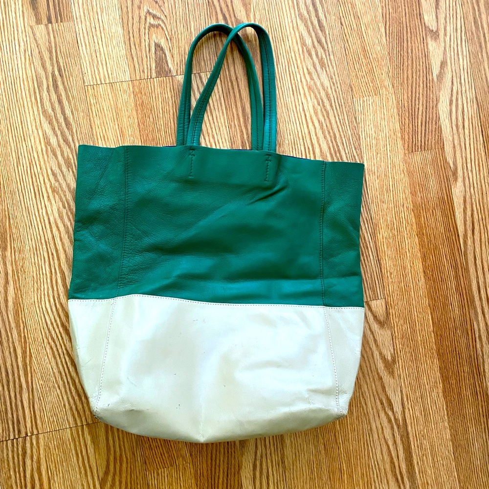 Green / Ivory vertical cabas tote